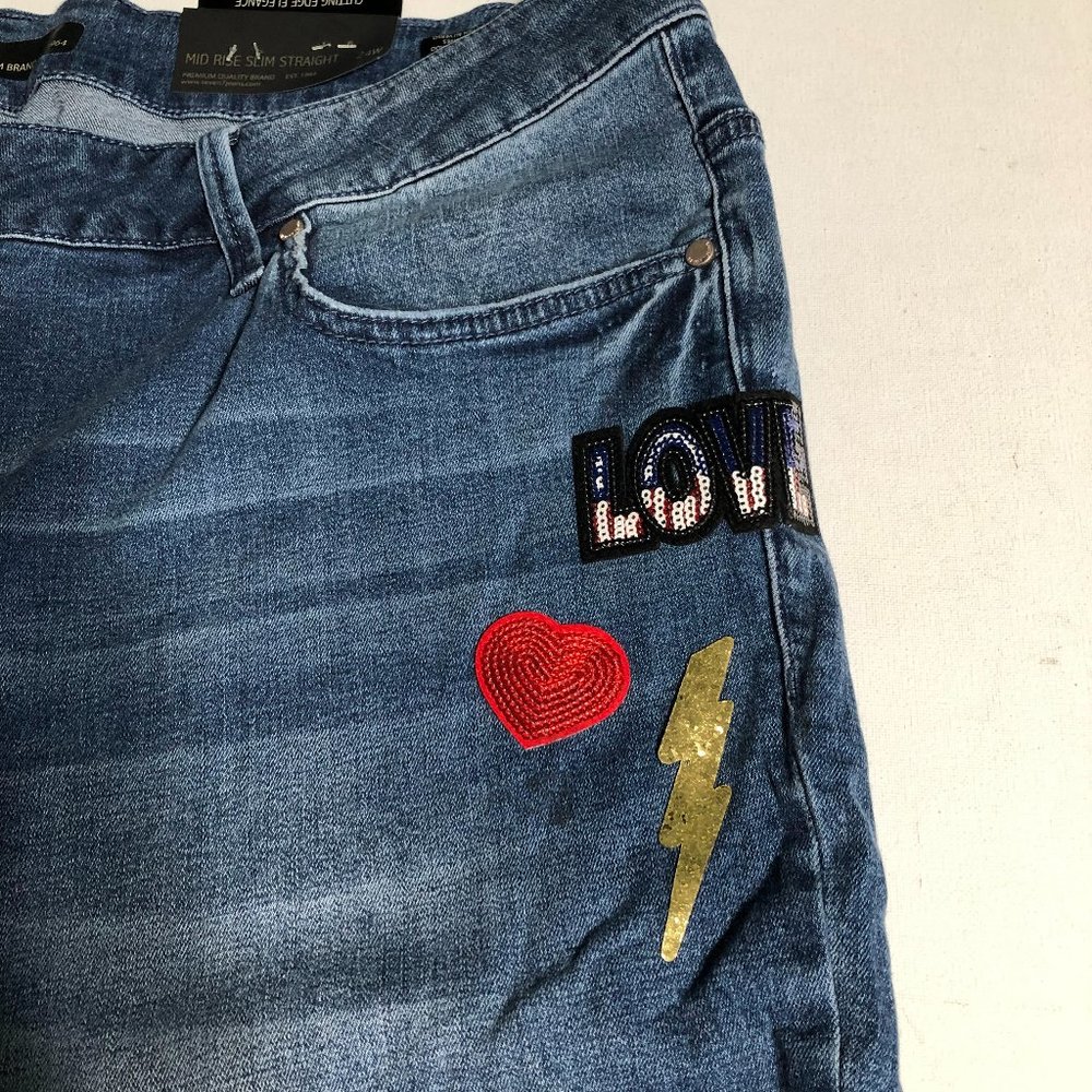 NWT-Seven7-Sequins Patch Mid-Rise Slim Straight Ankle Jeans-Sz 24W - Picture 8 of 13
